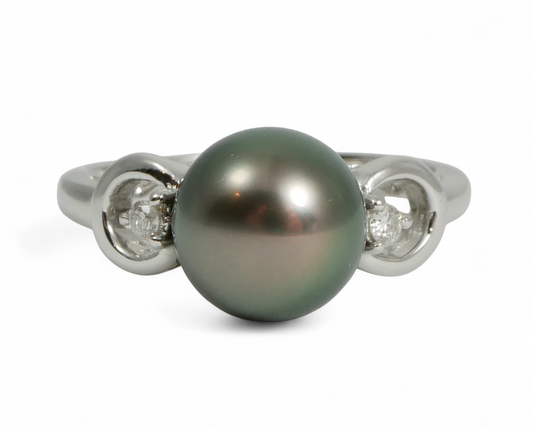 New Solid 14ct White Gold 9mm Round Tahitian Pearl & Diamond Dress Ring 7.5 O 55
