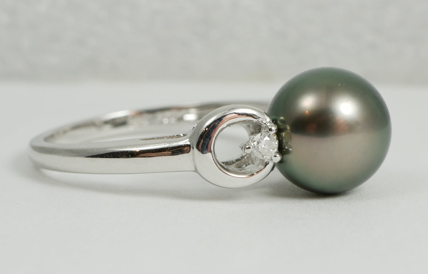 New Solid 14ct White Gold 9mm Round Tahitian Pearl & Diamond Dress Ring 7.5 O 55