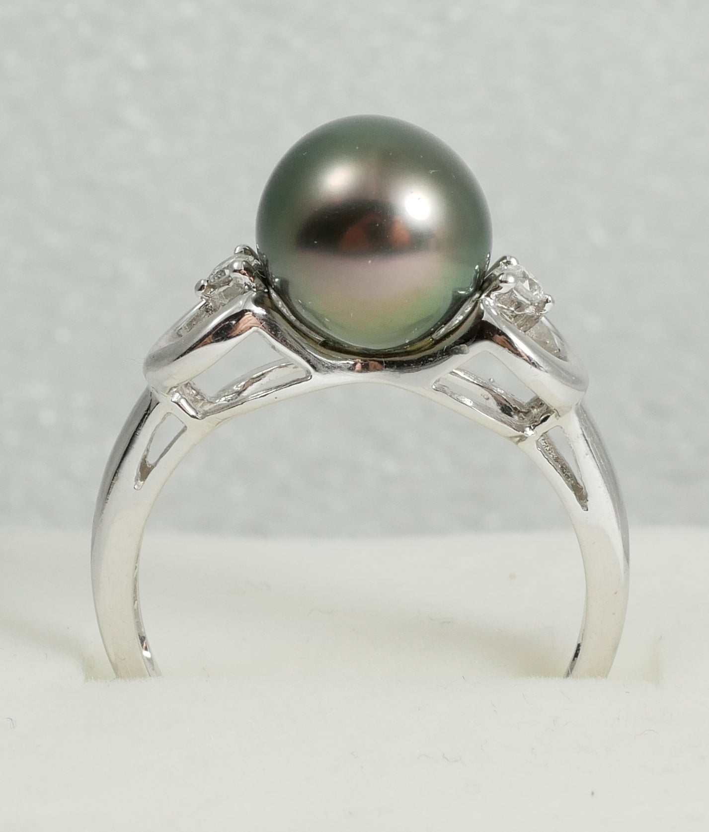 New Solid 14ct White Gold 9mm Round Tahitian Pearl & Diamond Dress Ring 7.5 O 55