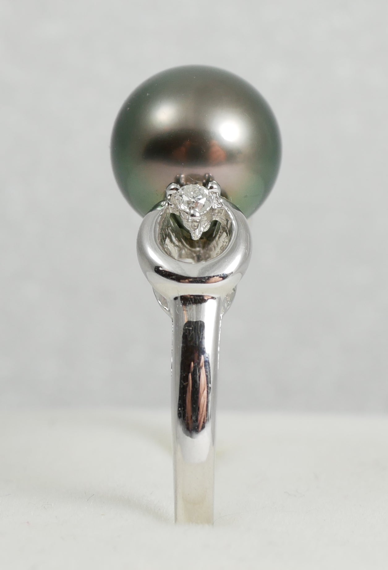 New Solid 14ct White Gold 9mm Round Tahitian Pearl & Diamond Dress Ring 7.5 O 55