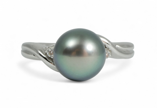 New Solid 14ct White Gold 9mm Round Tahitian Pearl & Diamond Dress Ring 7.5 O 55