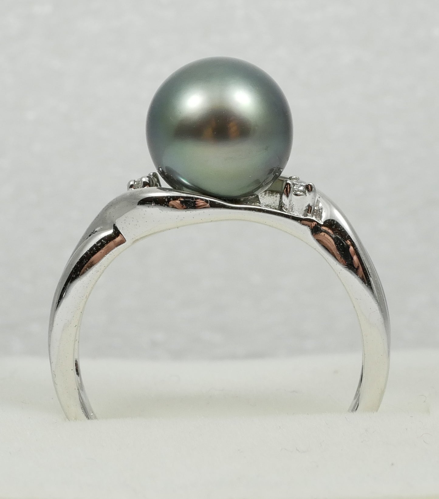New Solid 14ct White Gold 9mm Round Tahitian Pearl & Diamond Dress Ring 7.5 O 55