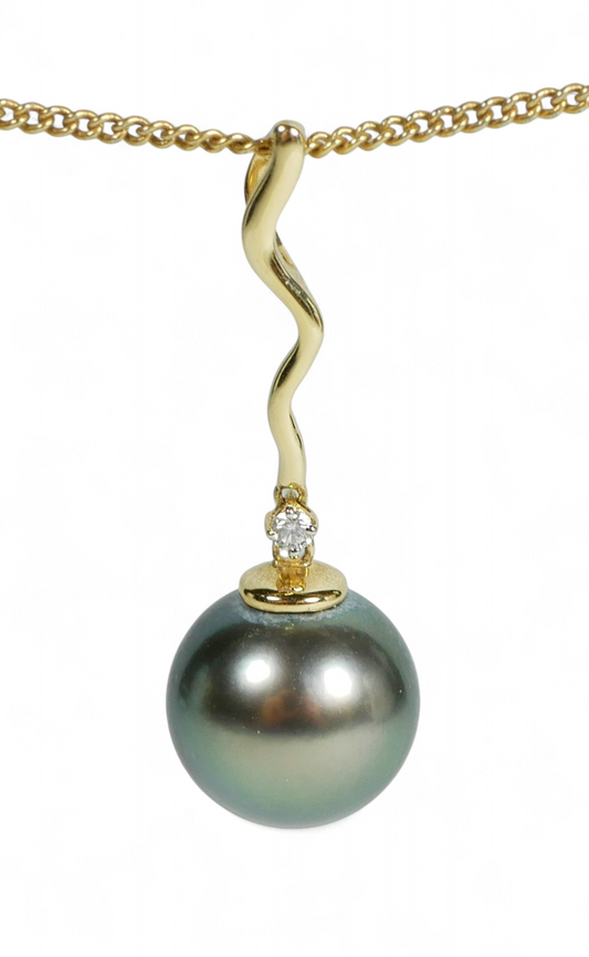 New Solid 14ct Yellow Gold 11mm Tahitian Pearl & Diamond 32mm Necklace Pendant
