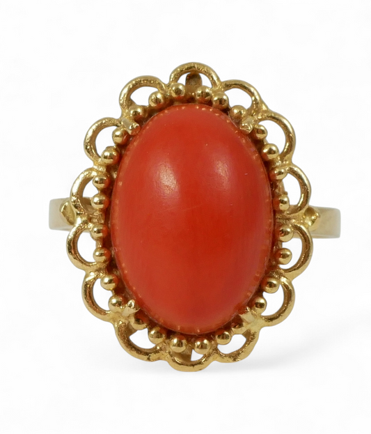 Vintage Solid 18ct Yellow Gold & Natural Coral Dress Cocktail Ring Size 8 P 56