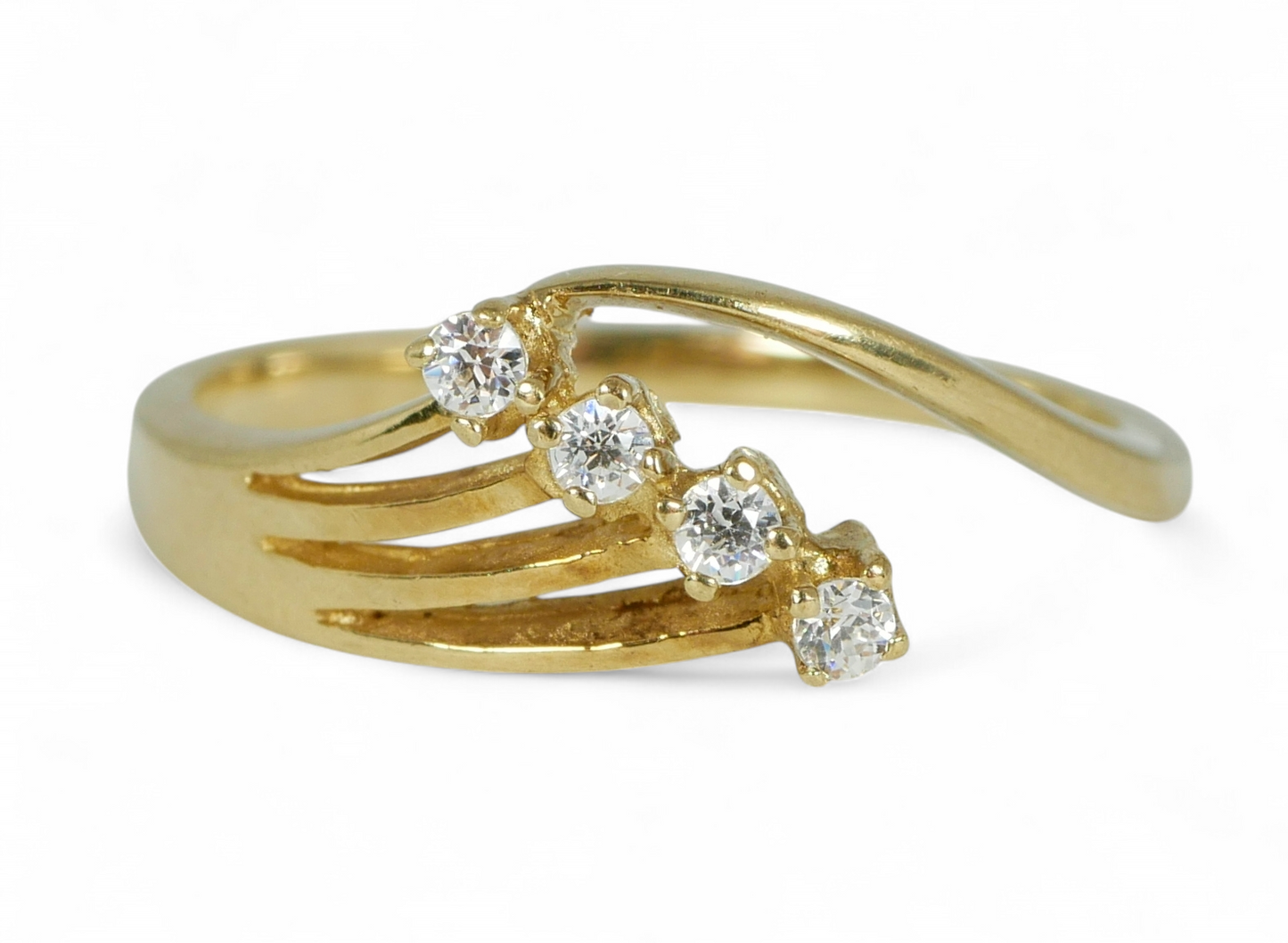 Vintage Solid 9ct Yellow Gold & White Stone Crossover Dress Ring Size 6.5 M 52