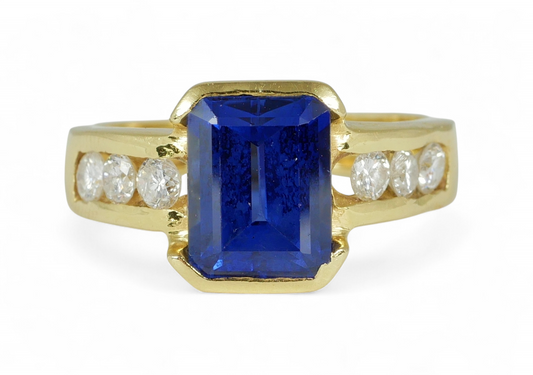 Solid 18ct Yellow Gold Royal Blue Sapphire .4ct Diamond Dress Ring Size 7.5 O 55