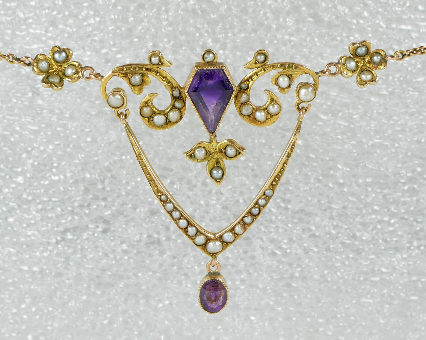 Antique Edwardian Solid 9ct Yellow Gold Amethyst & Seed Pearl Lavalier Necklace