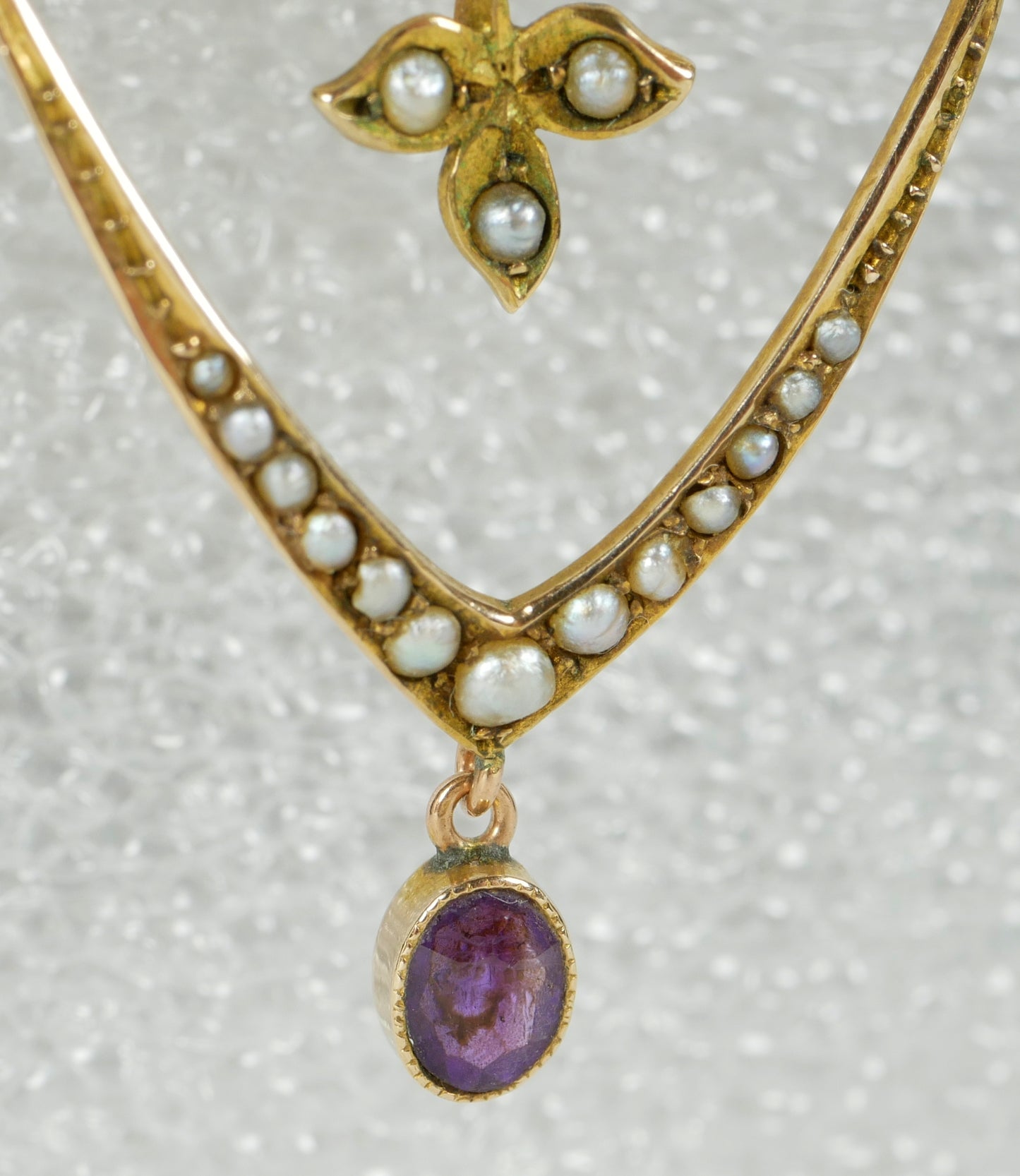 Antique Edwardian Solid 9ct Yellow Gold Amethyst & Seed Pearl Lavalier Necklace