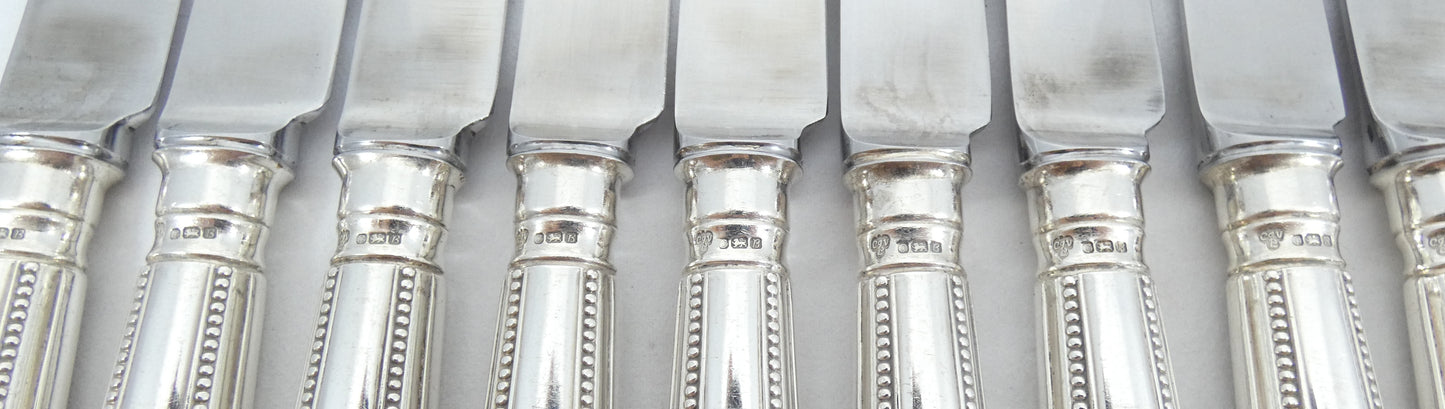 Antique Edwardian 72pc 12pl Sterling Silver Cutlery Set Old English Bead Knife