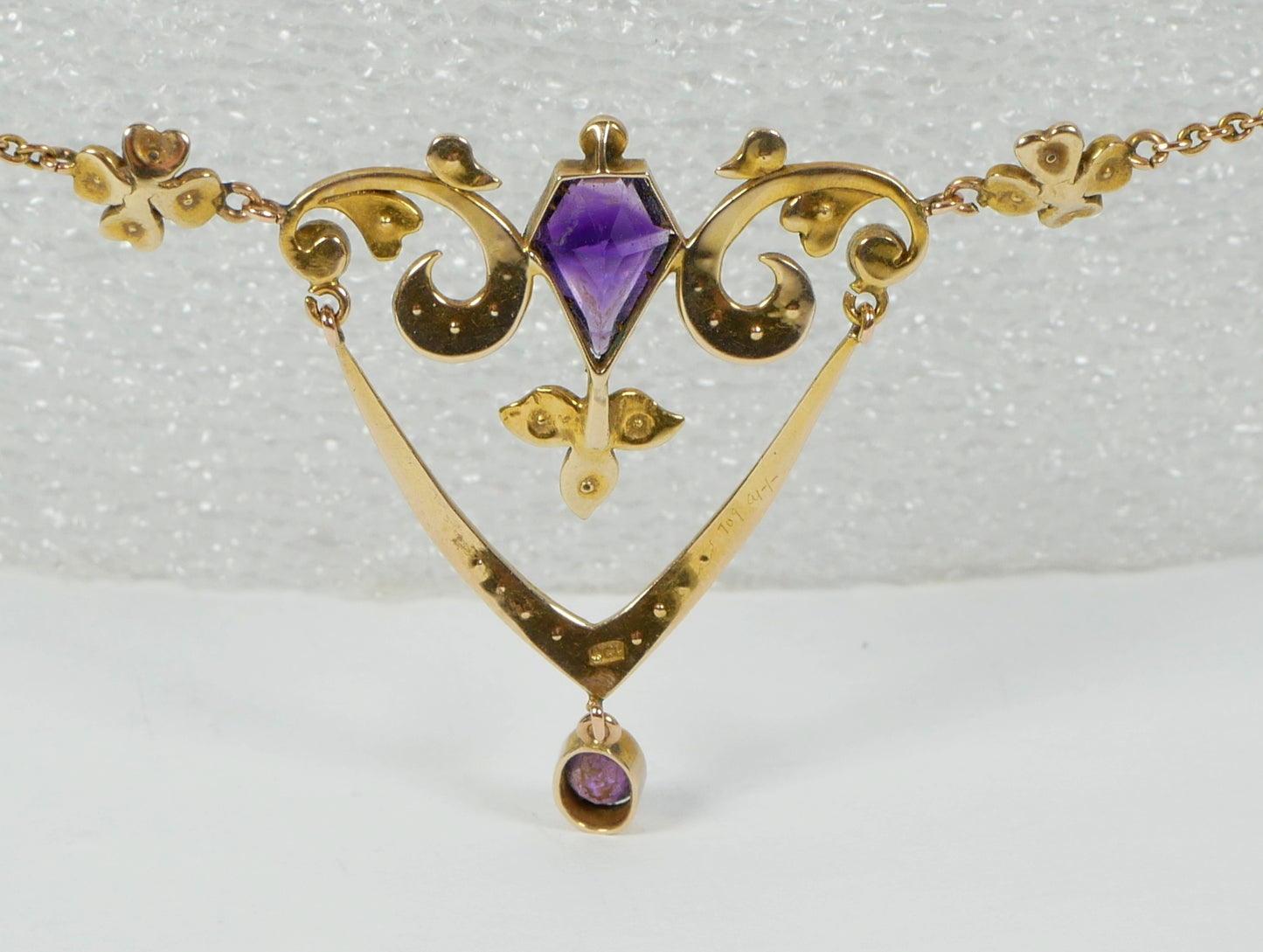 Antique Edwardian Solid 9ct Yellow Gold Amethyst & Seed Pearl Lavalier Necklace