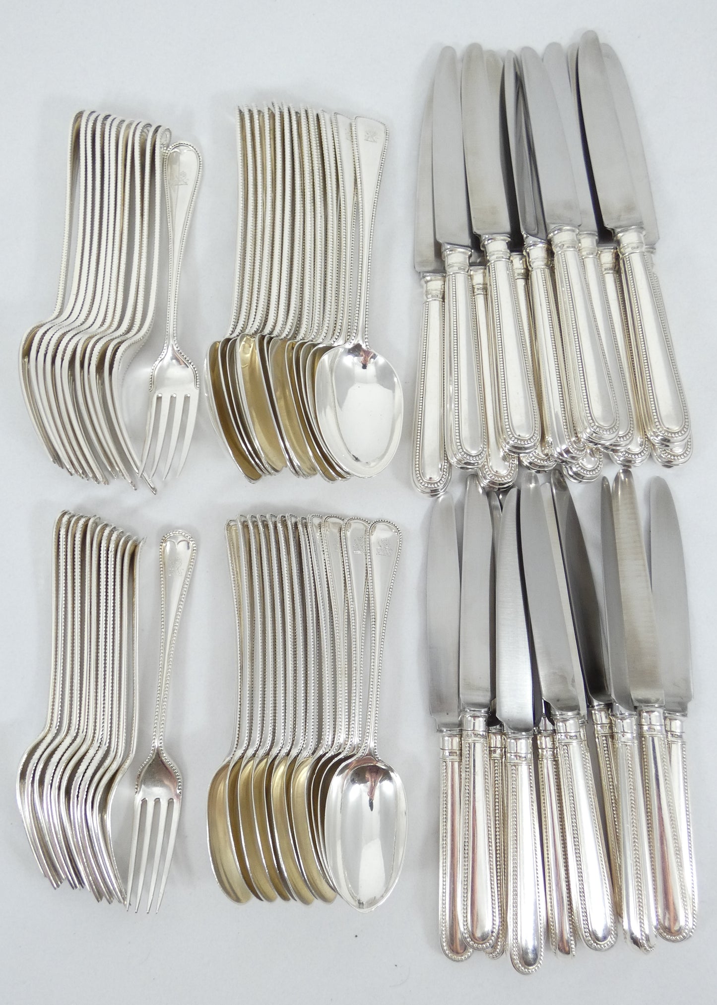 Antique Edwardian 72pc 12pl Sterling Silver Cutlery Set Old English Bead Knife