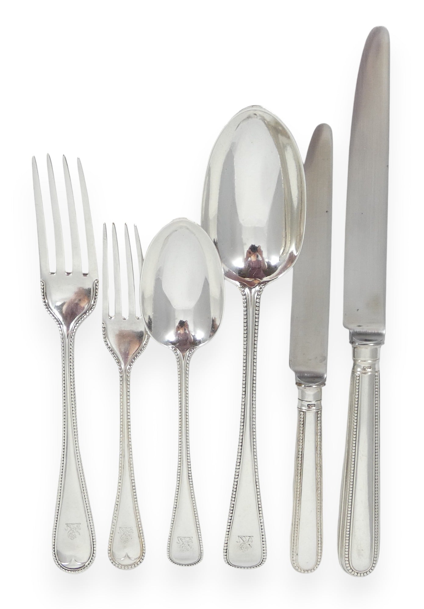 Antique Edwardian 72pc 12pl Sterling Silver Cutlery Set Old English Bead Knife