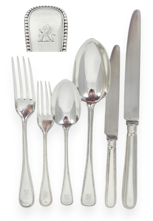 Antique Edwardian 72pc 12pl Sterling Silver Cutlery Set Old English Bead Knife