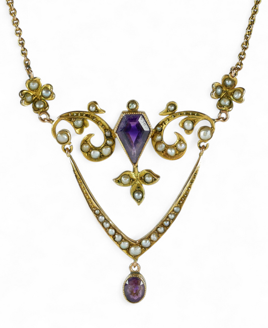 Antique Edwardian Solid 9ct Yellow Gold Amethyst & Seed Pearl Lavalier Necklace