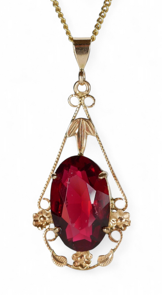 Antique Art Deco 1940 Solid 9ct Yellow Gold Large Red Stone Necklace Pendant 375