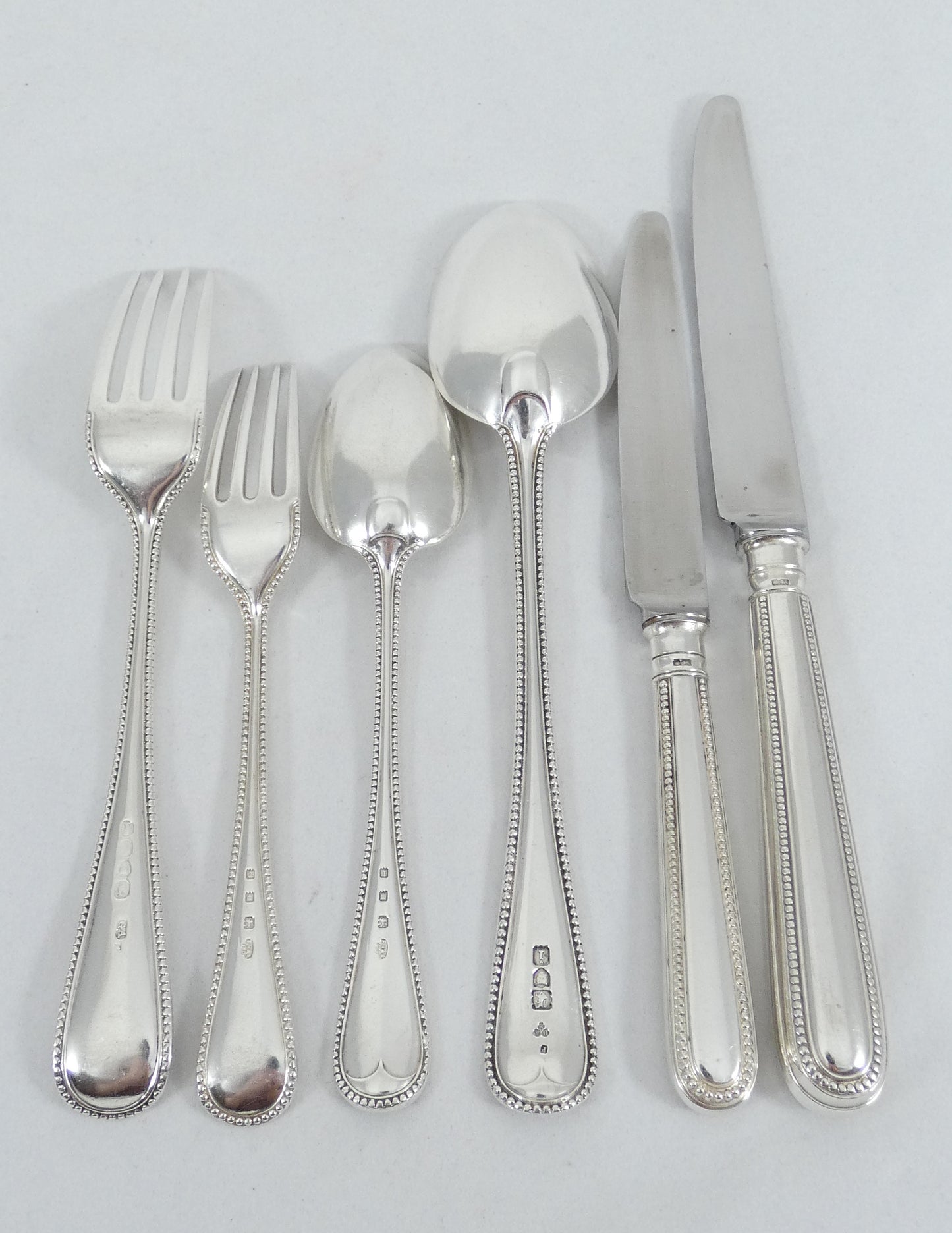 Antique Edwardian 72pc 12pl Sterling Silver Cutlery Set Old English Bead Knife