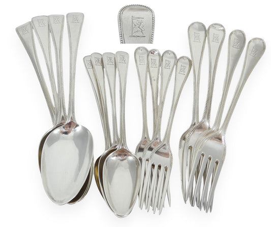 Antique Georgian 16p 4pl Sterling Silver Cutlery Set Old English Bead Fork Spoon