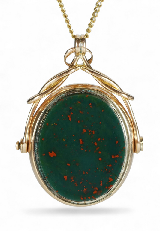 Antique Victorian 9ct Yellow Gold Bloodstone Agate Spinner Fob Necklace Pendant