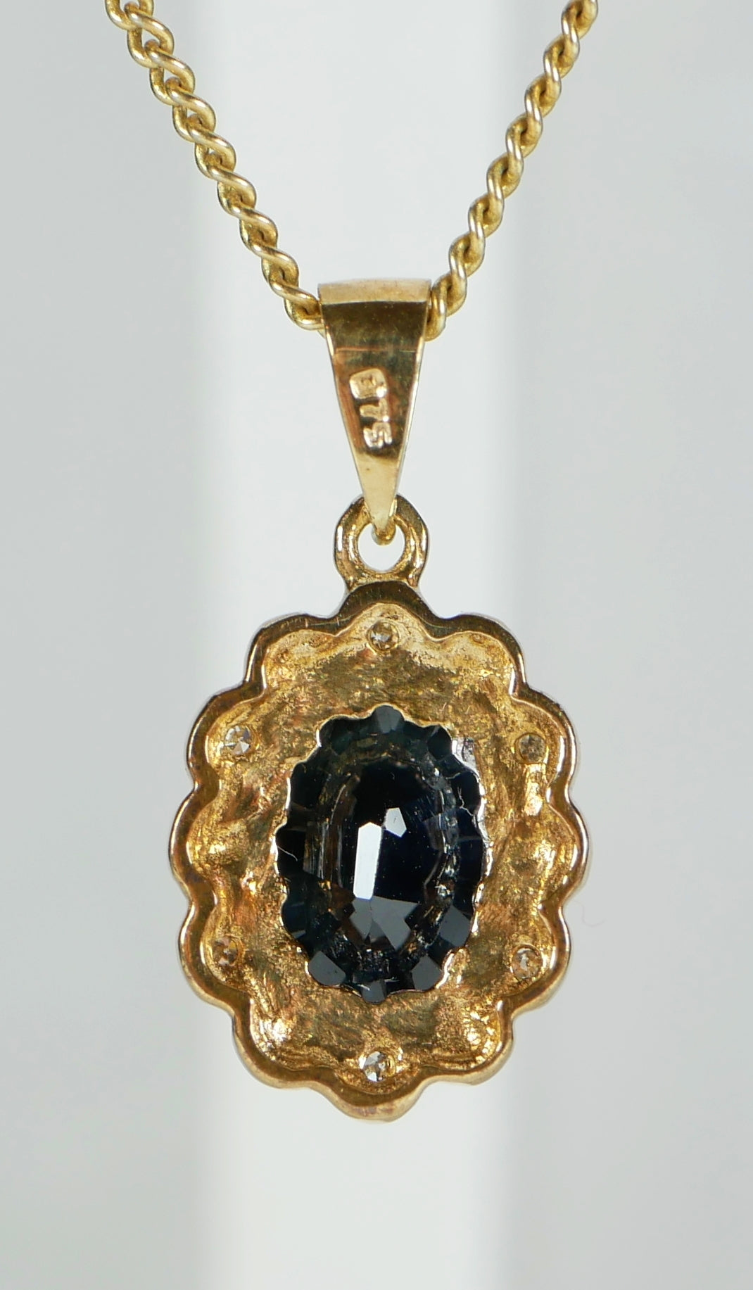 Vintage Solid 9ct Yellow Gold Sapphire & Diamond Diana Style Necklace Pendant