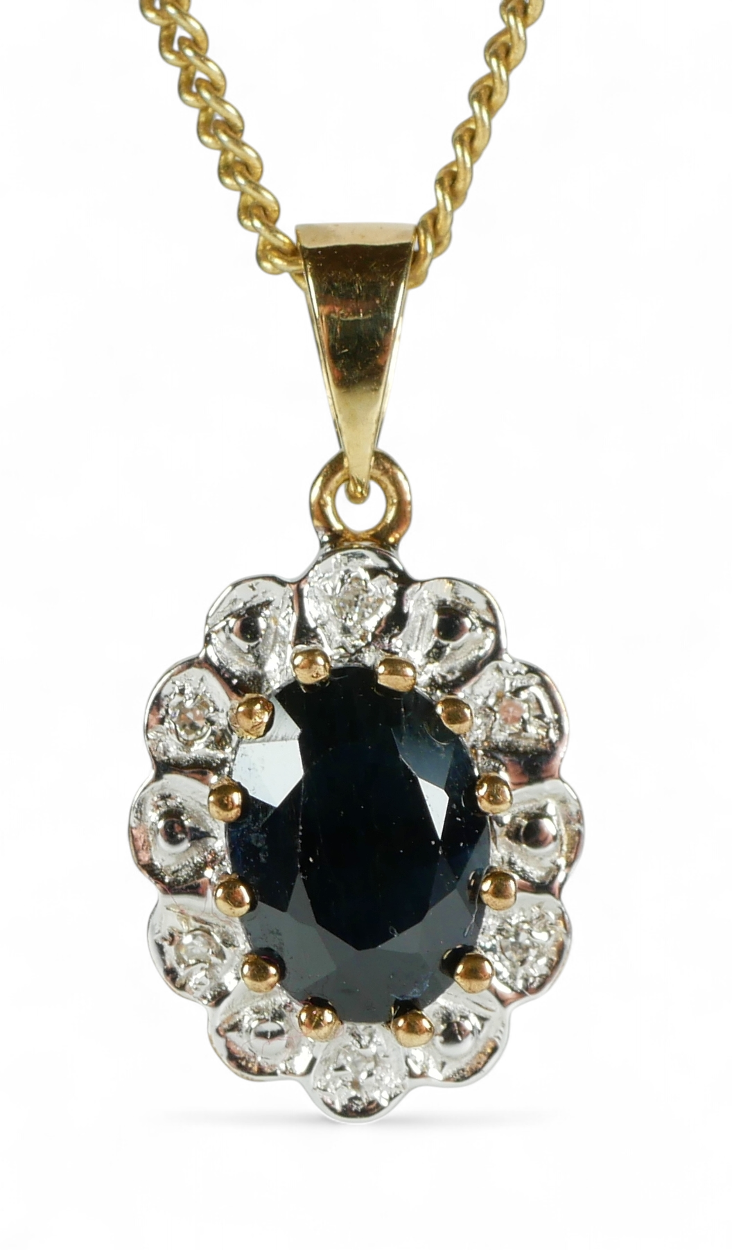 Vintage Solid 9ct Yellow Gold Sapphire & Diamond Diana Style Necklace Pendant