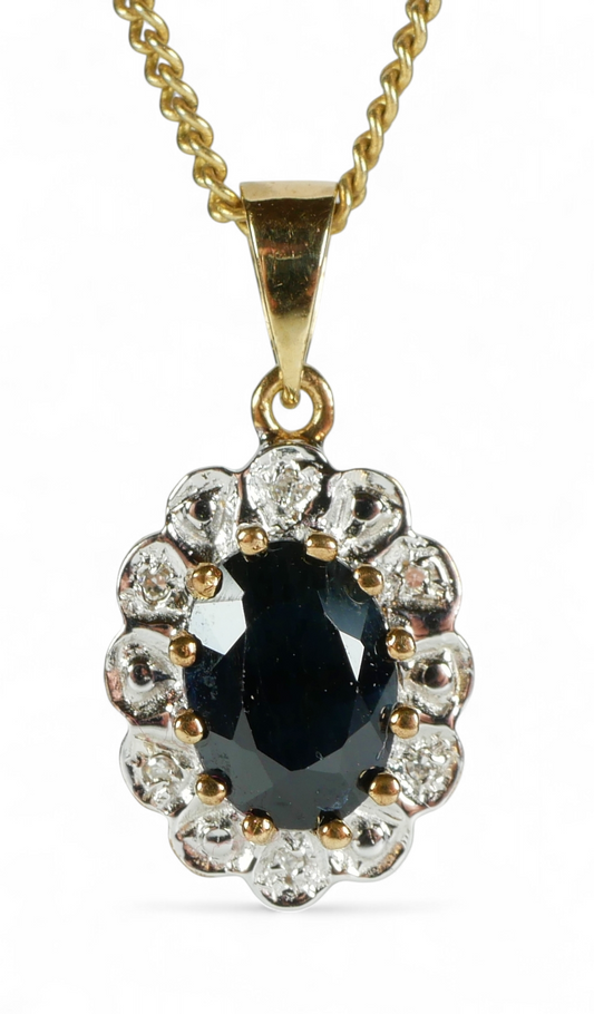 Vintage Solid 9ct Yellow Gold Sapphire & Diamond Diana Style Necklace Pendant
