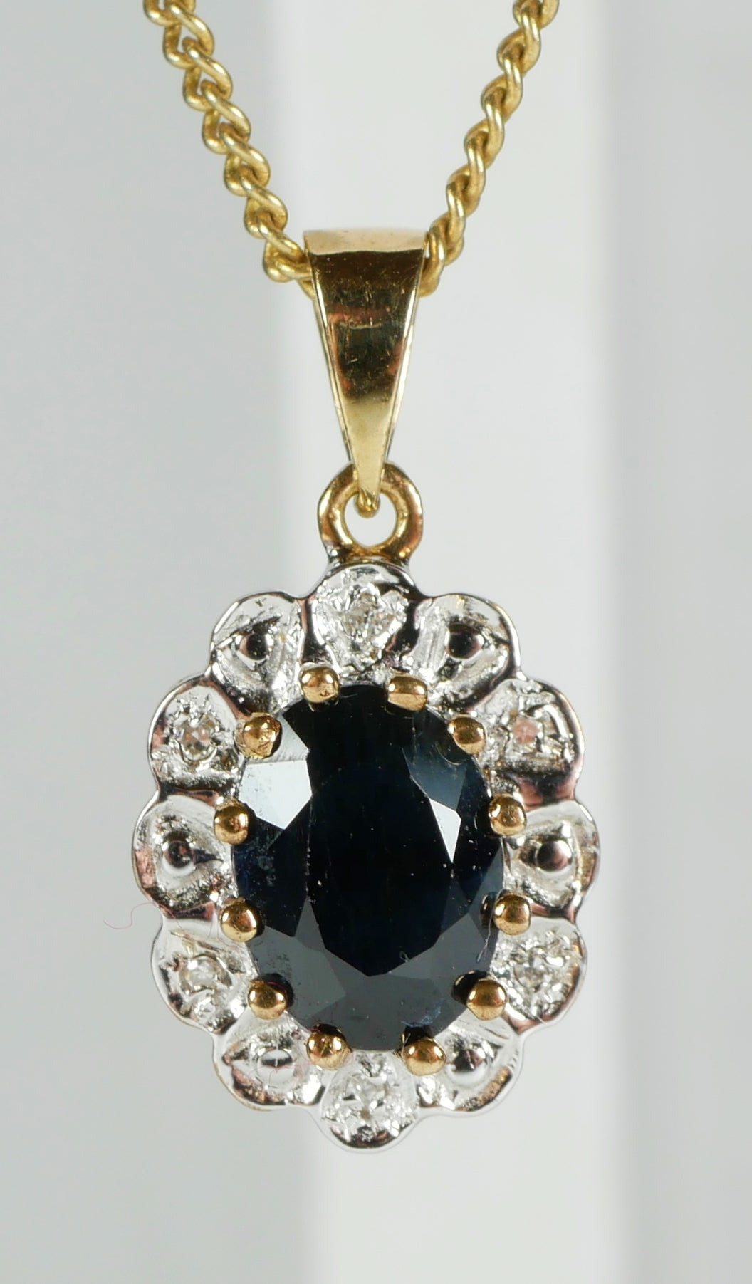 Vintage Solid 9ct Yellow Gold Sapphire & Diamond Diana Style Necklace Pendant