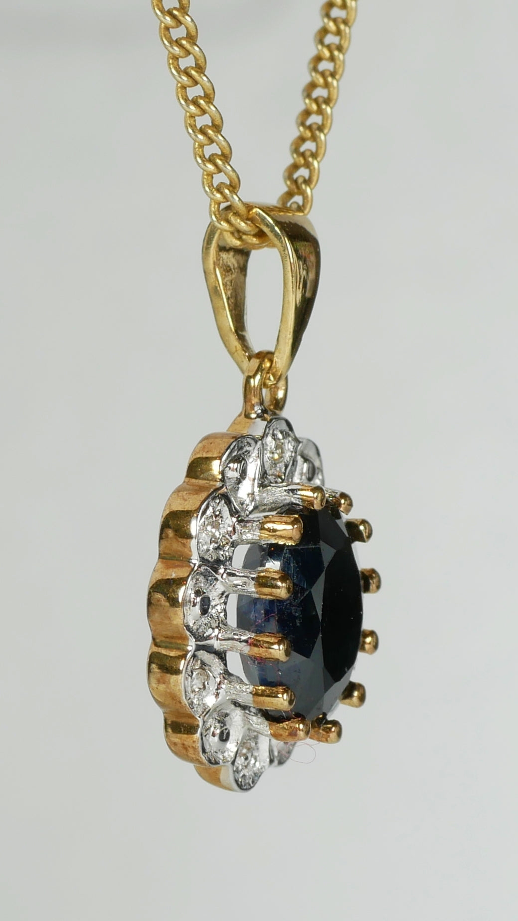 Vintage Solid 9ct Yellow Gold Sapphire & Diamond Diana Style Necklace Pendant