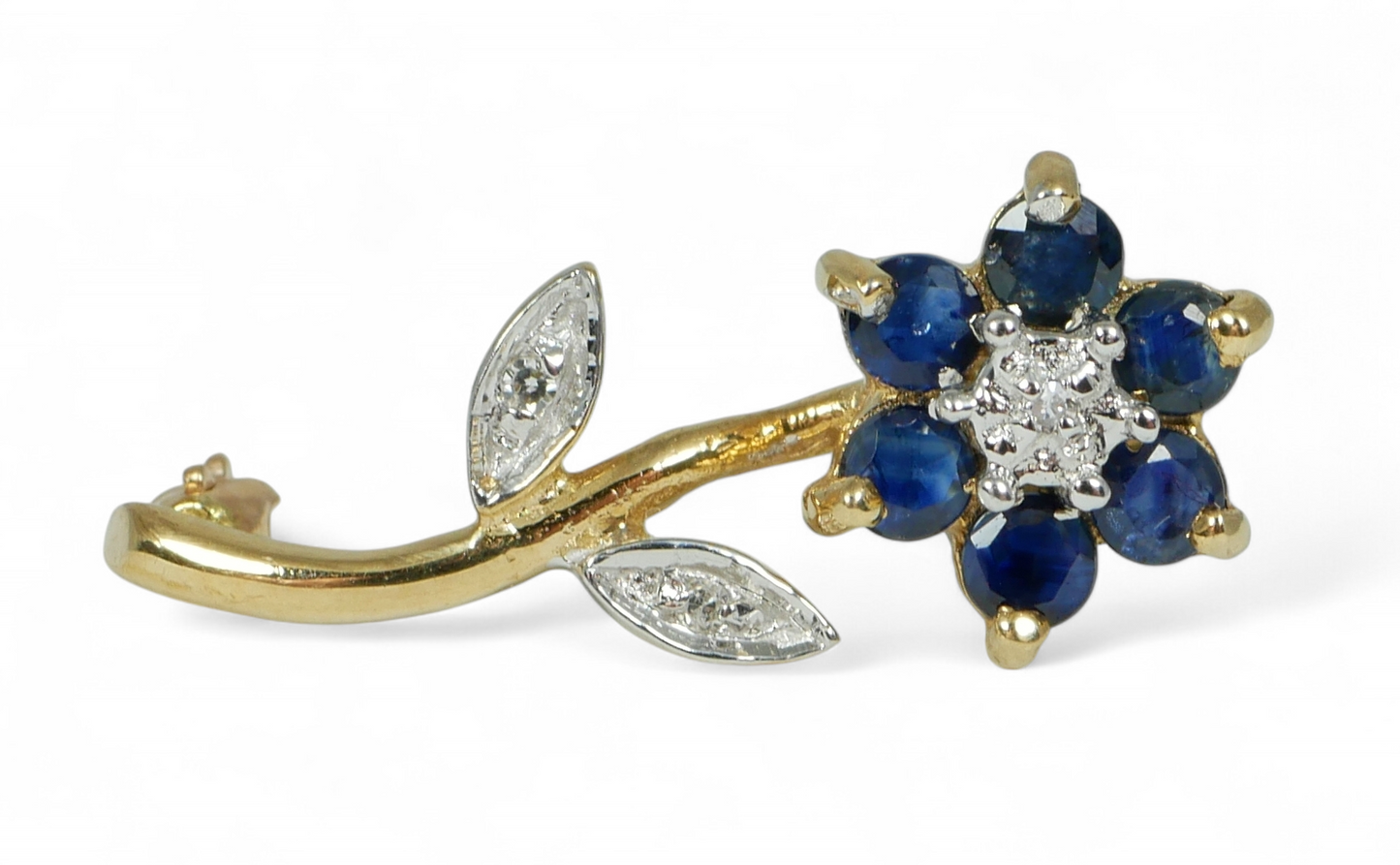 Petite Solid 9ct Yellow Gold Natural Blue Sapphire & Diamond Flower Brooch Pin
