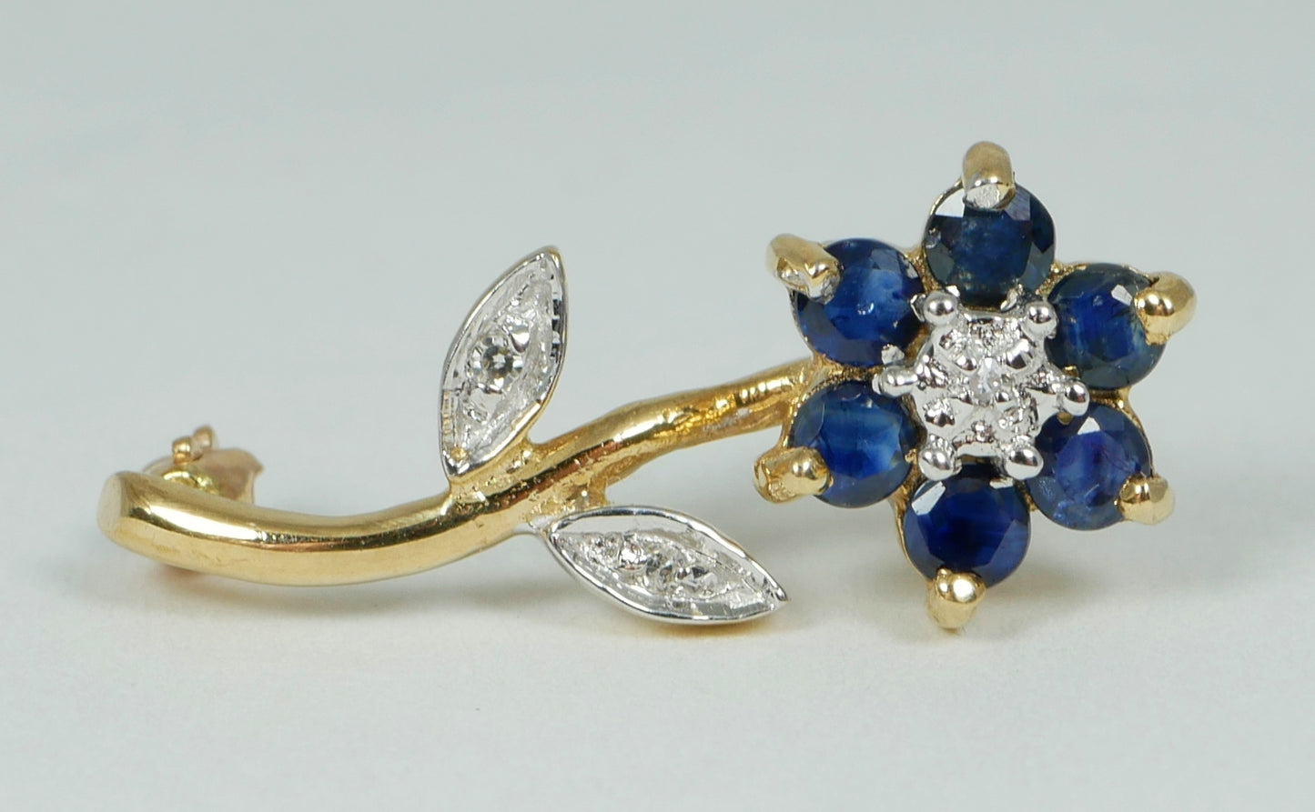 Petite Solid 9ct Yellow Gold Natural Blue Sapphire & Diamond Flower Brooch Pin