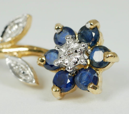 Petite Solid 9ct Yellow Gold Natural Blue Sapphire & Diamond Flower Brooch Pin