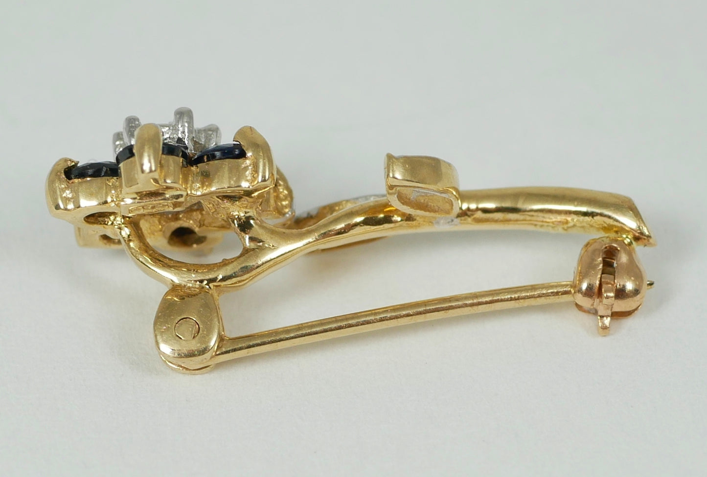 Petite Solid 9ct Yellow Gold Natural Blue Sapphire & Diamond Flower Brooch Pin