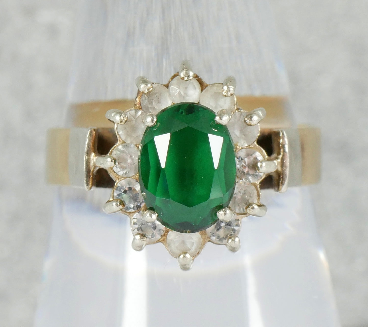 Vintage Solid 9ct Yellow Gold Green & White Sapphire Halo Dress Ring Size 8 P 56