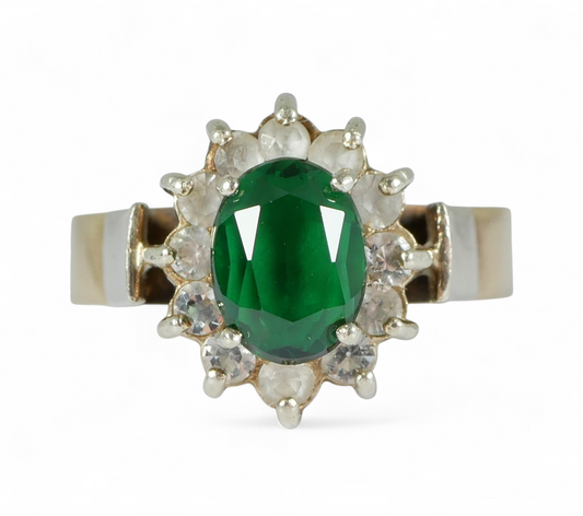 Vintage Solid 9ct Yellow Gold Green & White Sapphire Halo Dress Ring Size 8 P 56