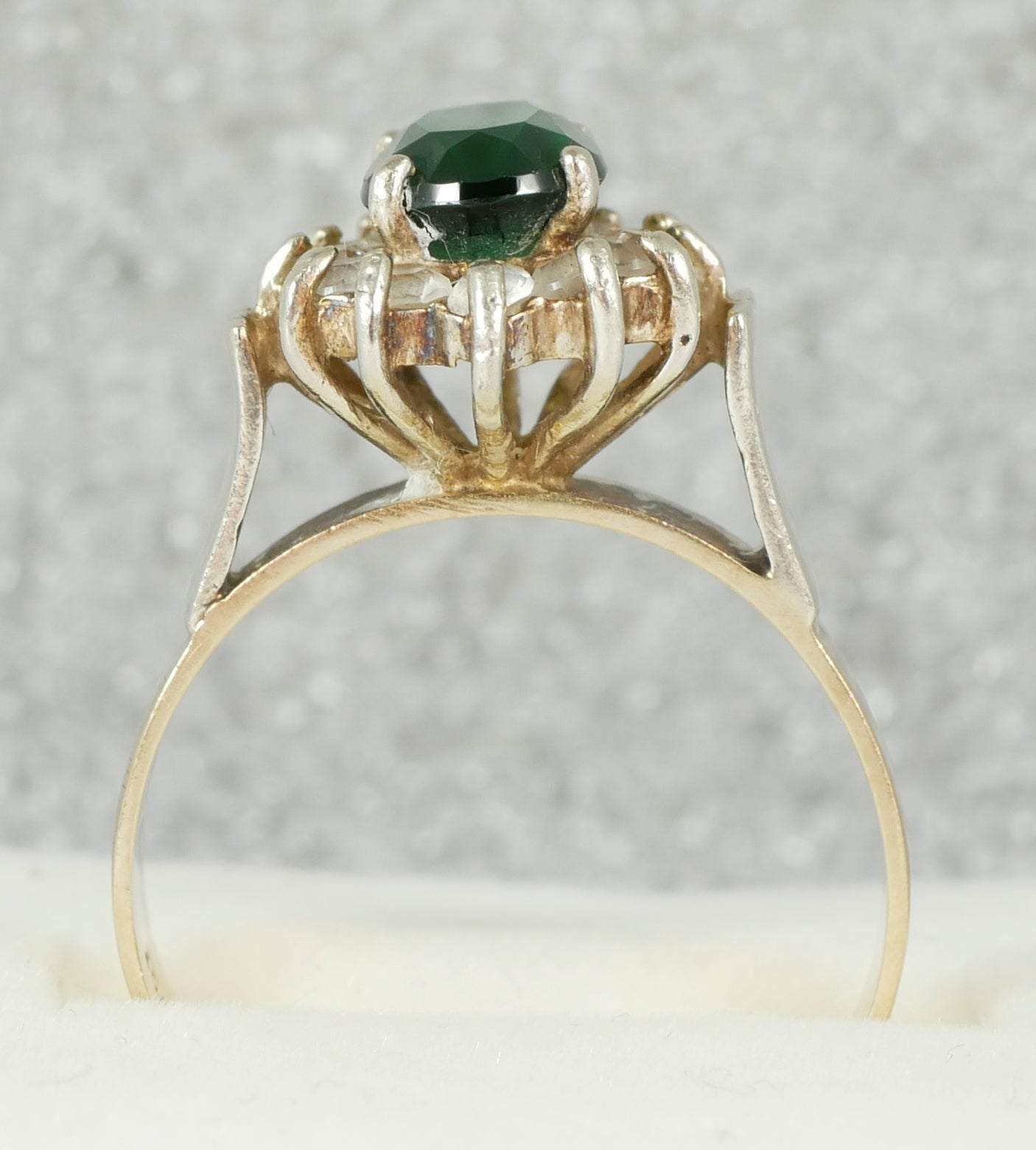 Vintage Solid 9ct Yellow Gold Green & White Sapphire Halo Dress Ring Size 8 P 56