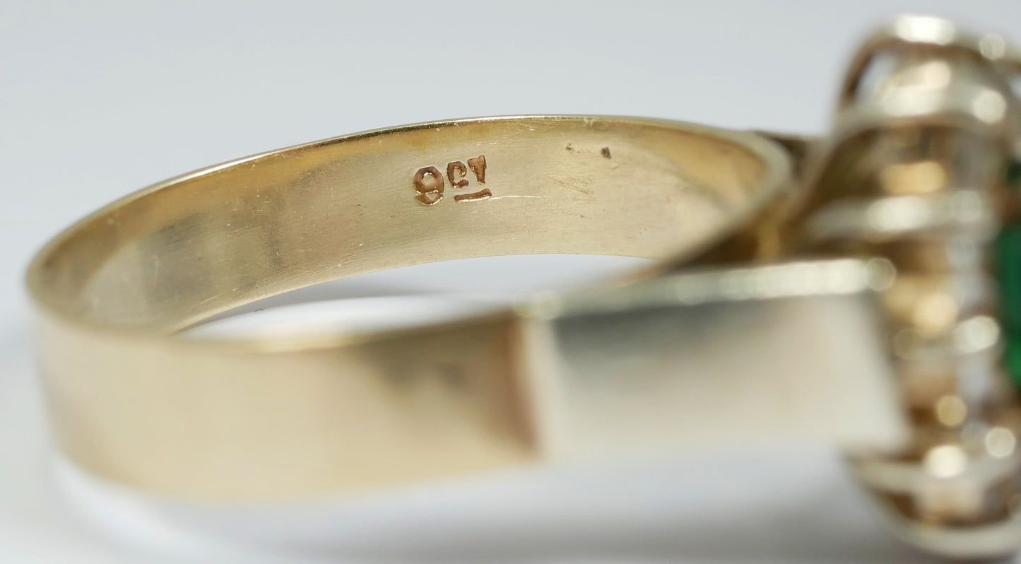 Vintage Solid 9ct Yellow Gold Green & White Sapphire Halo Dress Ring Size 8 P 56