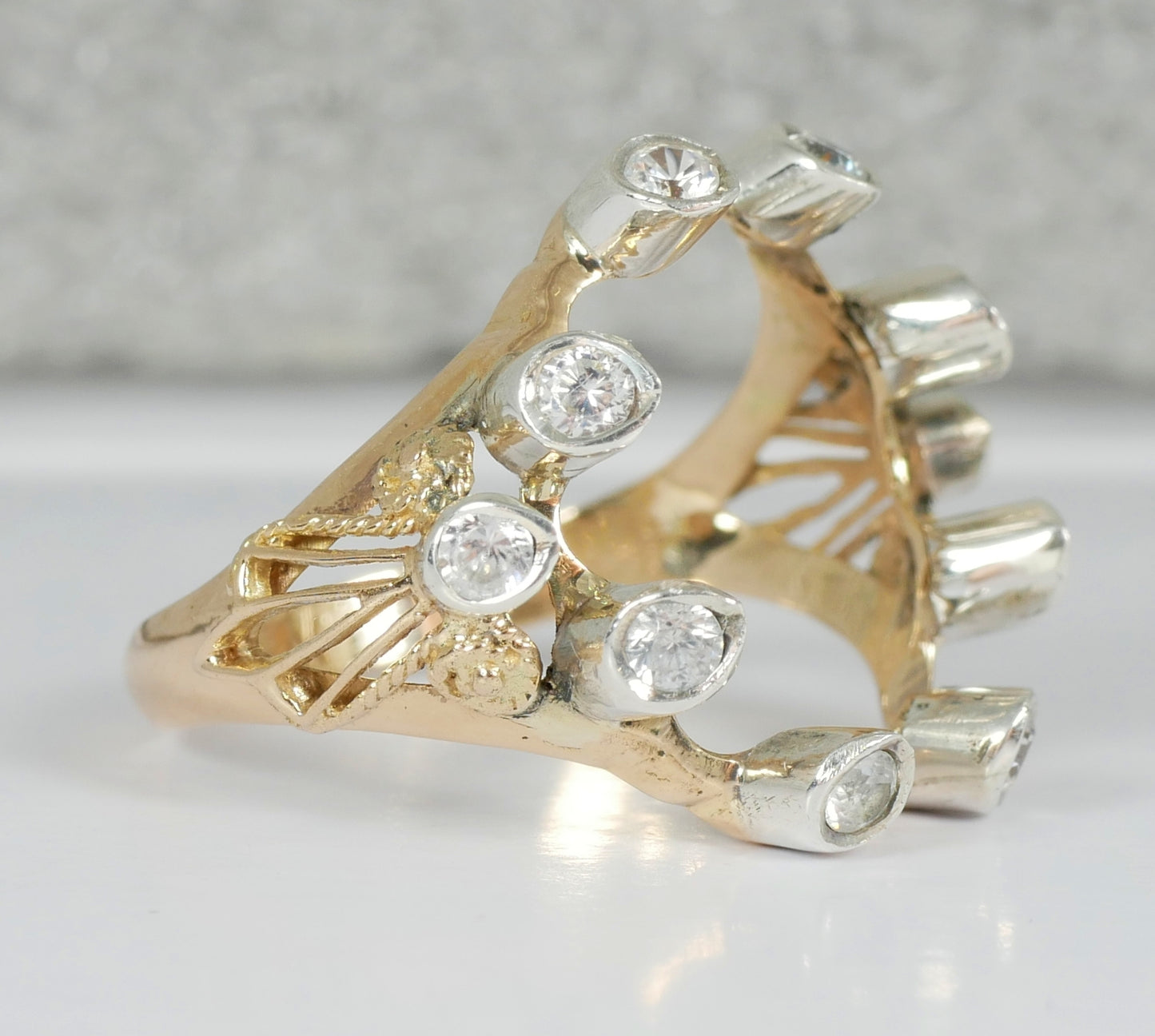 Vintage Solid 9ct Yellow Gold White Sapphire Open Face Dress Ring Size 7.5 O 55