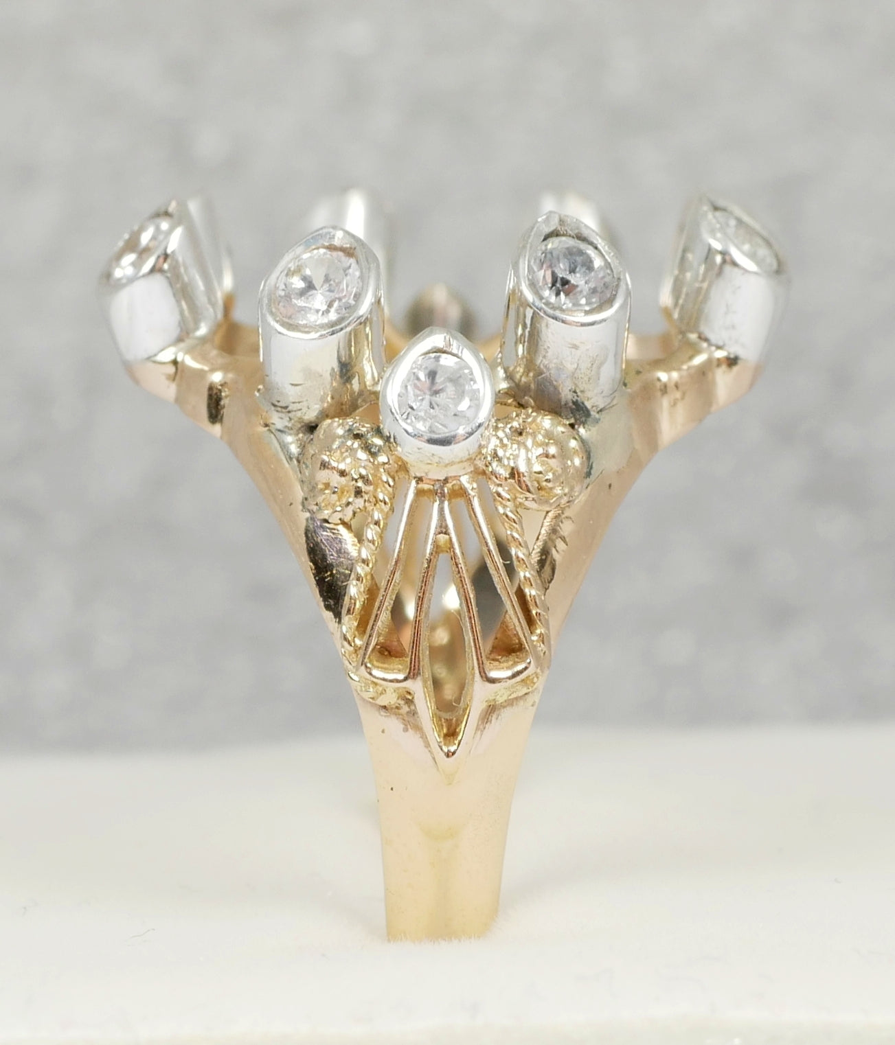 Vintage Solid 9ct Yellow Gold White Sapphire Open Face Dress Ring Size 7.5 O 55