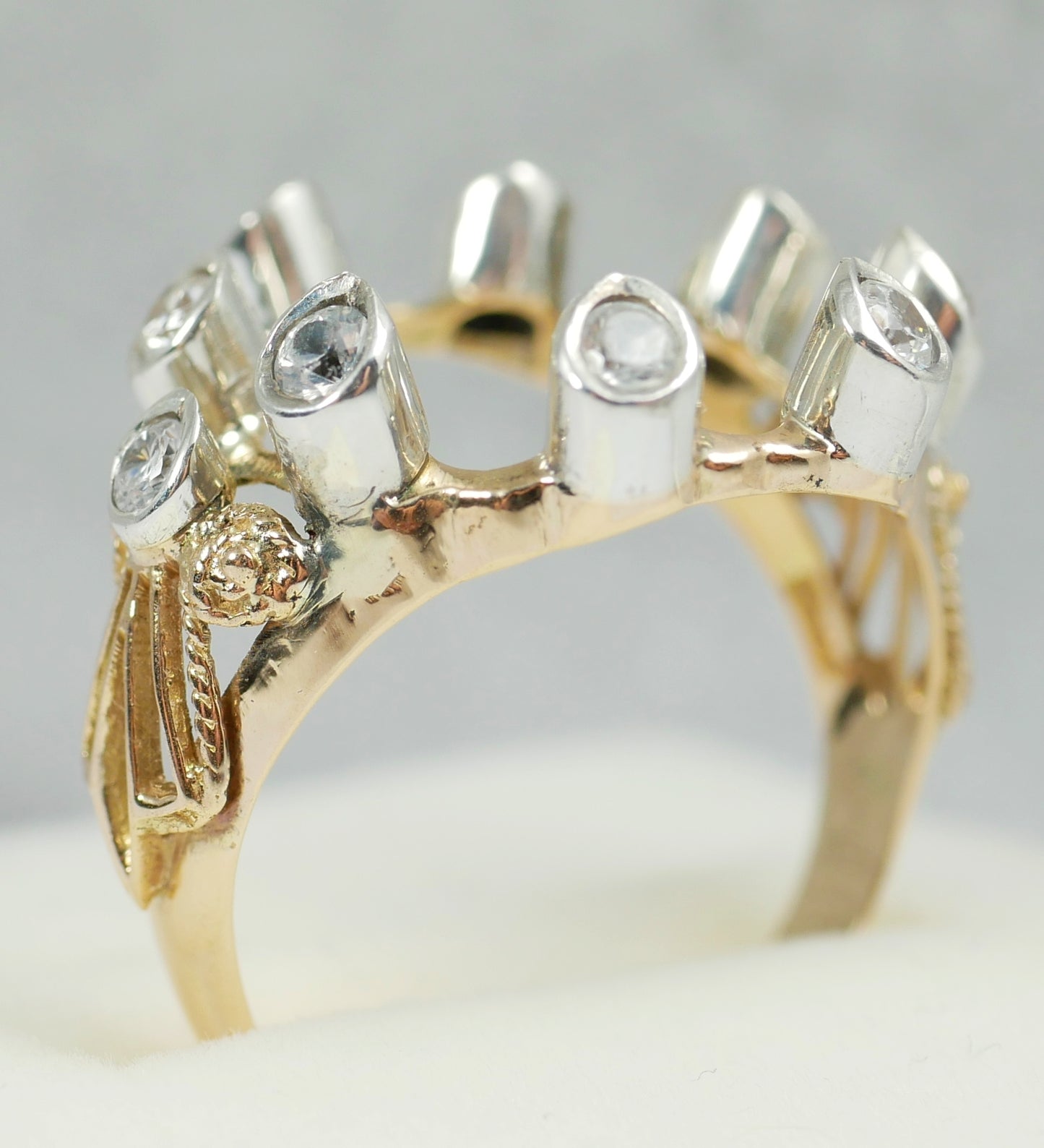 Vintage Solid 9ct Yellow Gold White Sapphire Open Face Dress Ring Size 7.5 O 55