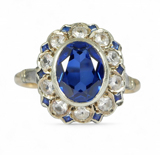 Antique Vintage 9ct Yellow Gold Blue & White Sapphire Dress Ring Size 7.5 O 55