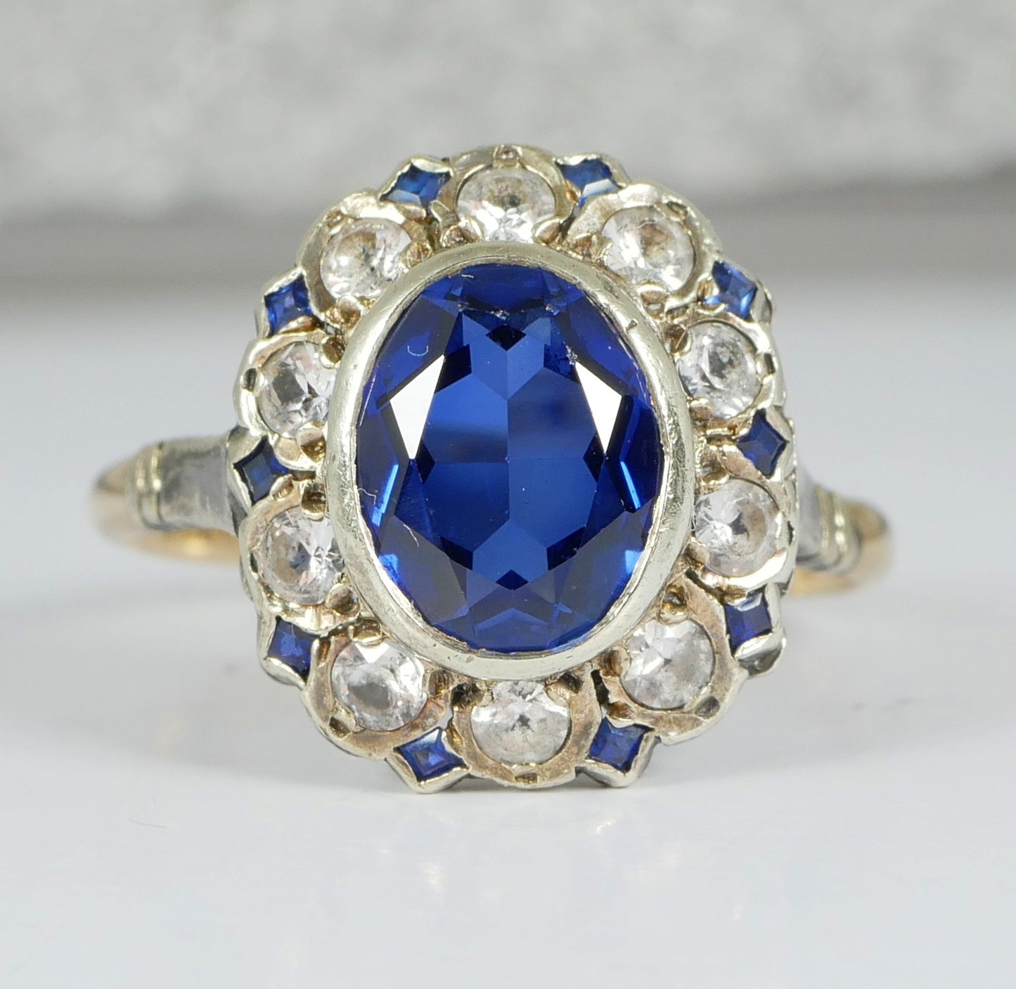 Antique Vintage 9ct Yellow Gold Blue & White Sapphire Dress Ring Size 7.5 O 55