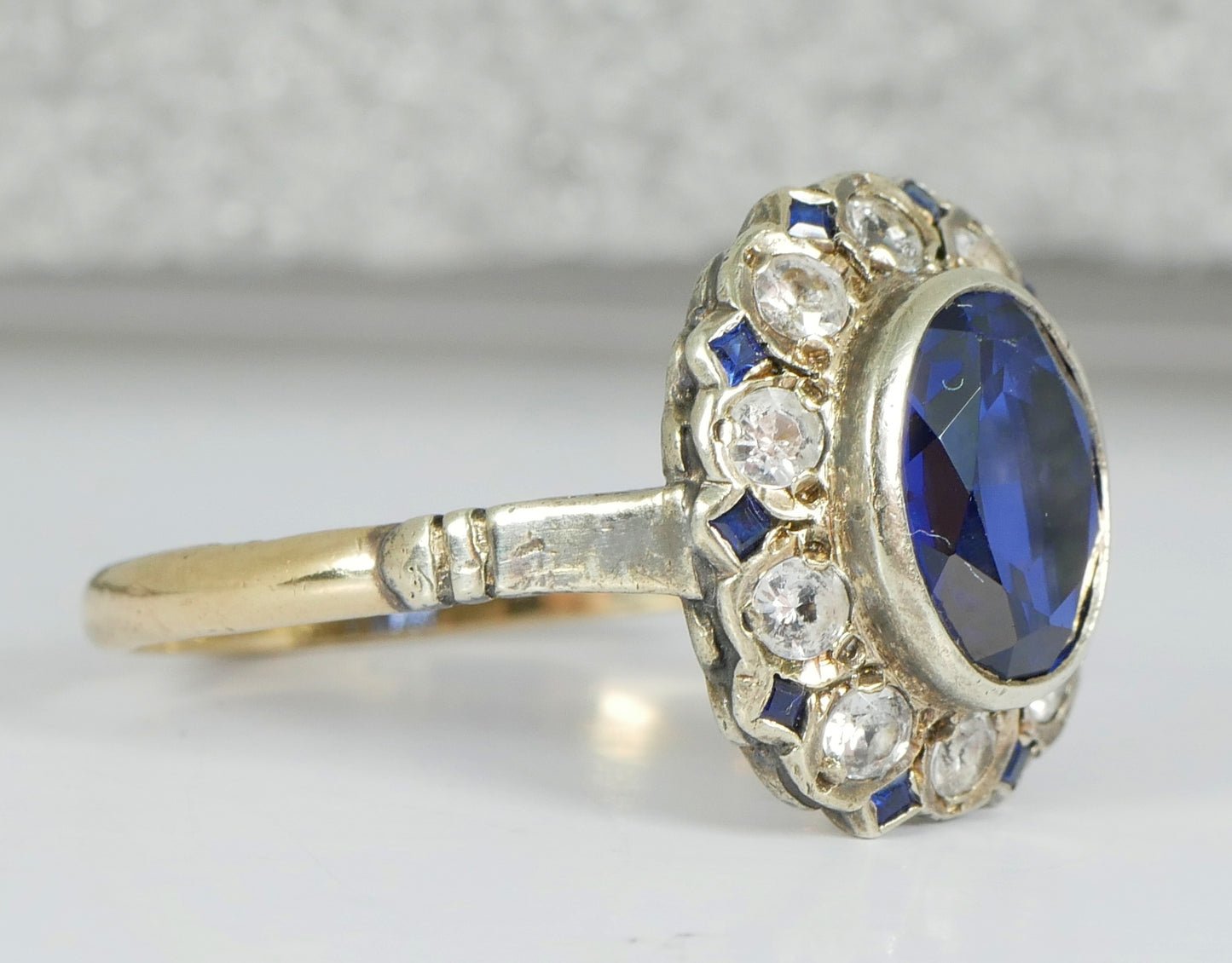 Antique Vintage 9ct Yellow Gold Blue & White Sapphire Dress Ring Size 7.5 O 55