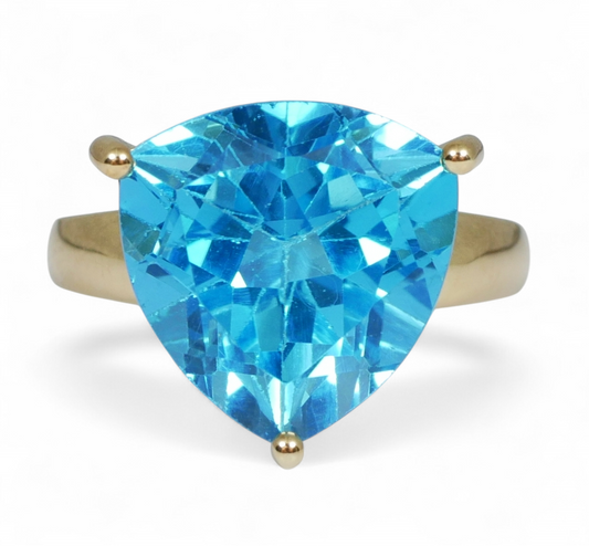 Solid 9ct Yellow Gold Trillion Cut 11ct Swiss Blue Topaz Dress Ring Size 8 P 56