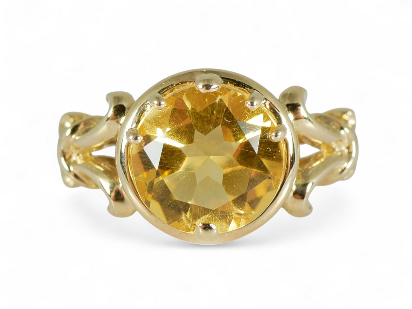 Modern Solid 9ct Yellow Round Cut Citrine Fleur de Lis Dress Ring Size 8 P 56