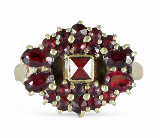 Vintage Solid 14ct Yellow Gold Red Garnet Cluster Cocktail Dress Ring 6.5 M 52