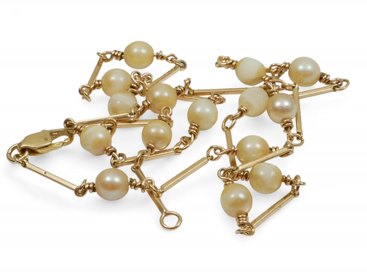 Vintage Solid 9ct Yellow Gold & 6mm Pearl Bar Link 48cm 19" Chain Necklace 10gm