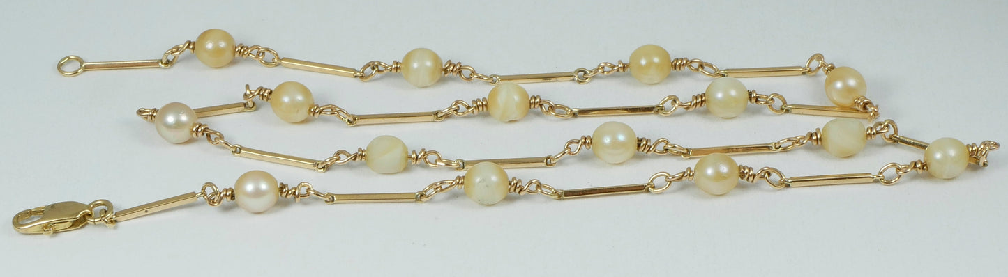 Vintage Solid 9ct Yellow Gold & 6mm Pearl Bar Link 48cm 19" Chain Necklace 10gm