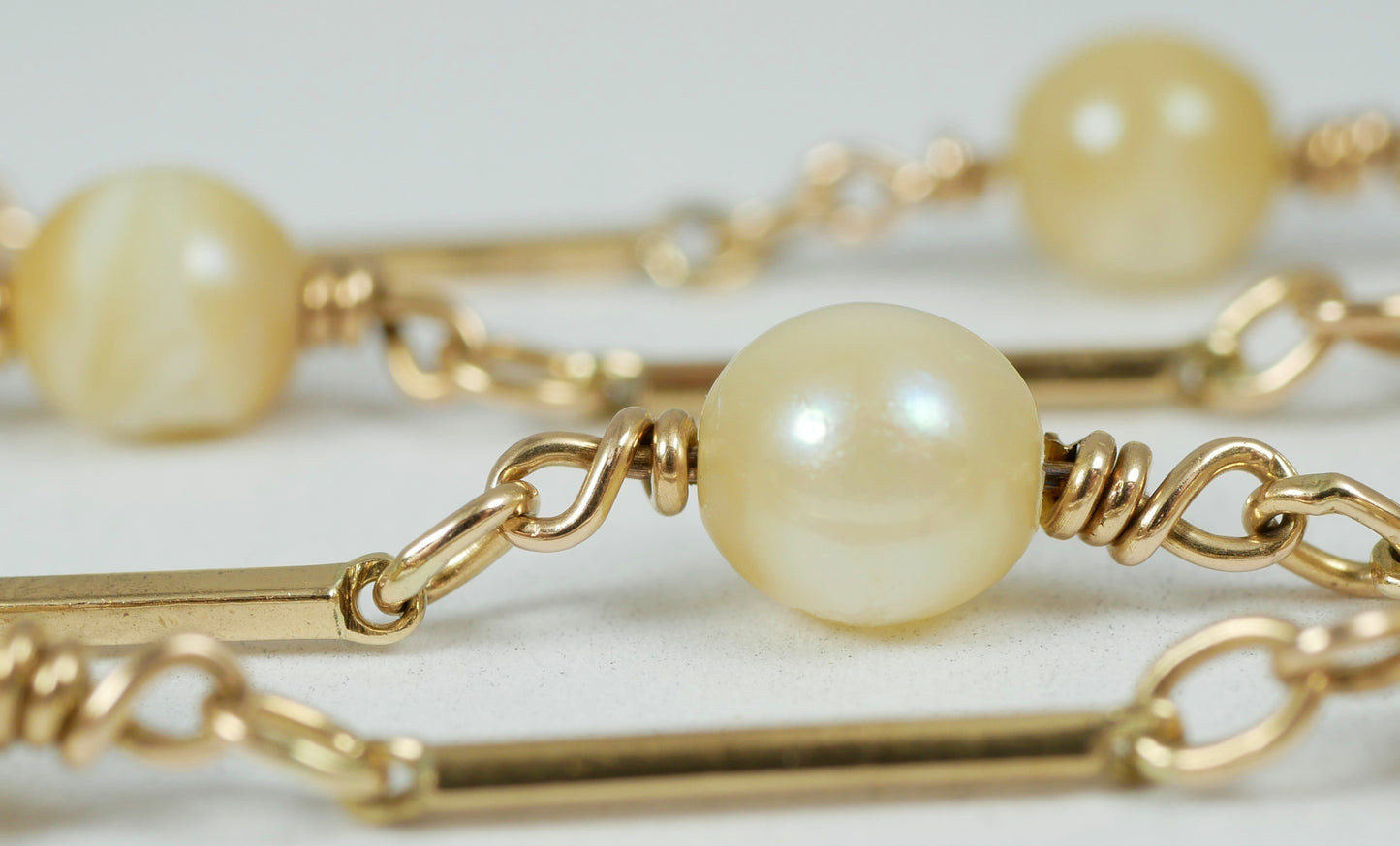 Vintage Solid 9ct Yellow Gold & 6mm Pearl Bar Link 48cm 19" Chain Necklace 10gm