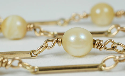 Vintage Solid 9ct Yellow Gold & 6mm Pearl Bar Link 48cm 19" Chain Necklace 10gm