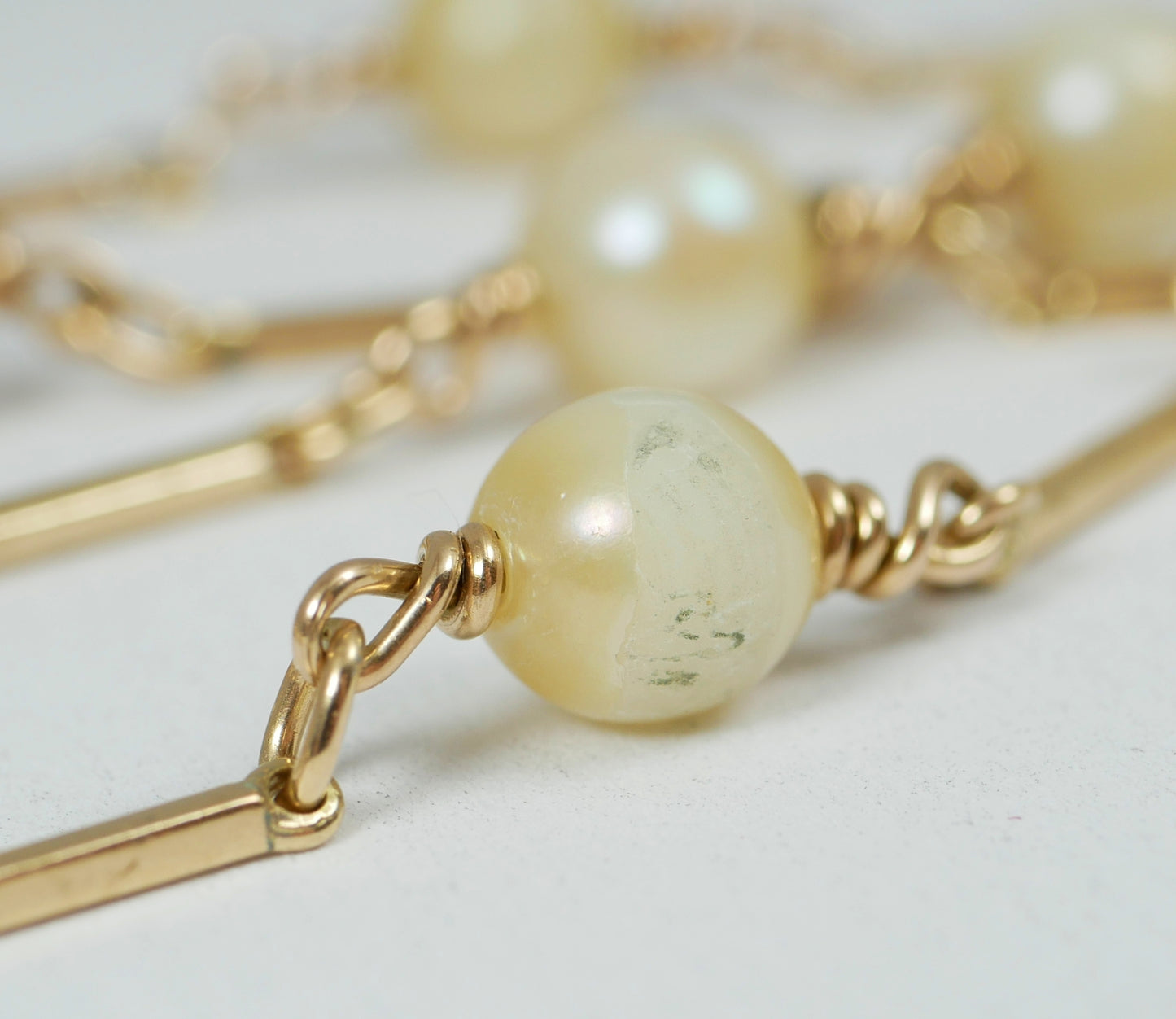 Vintage Solid 9ct Yellow Gold & 6mm Pearl Bar Link 48cm 19" Chain Necklace 10gm