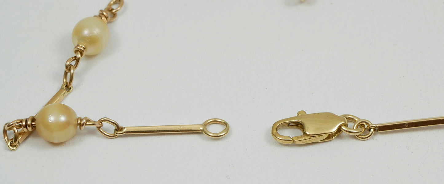 Vintage Solid 9ct Yellow Gold & 6mm Pearl Bar Link 48cm 19" Chain Necklace 10gm